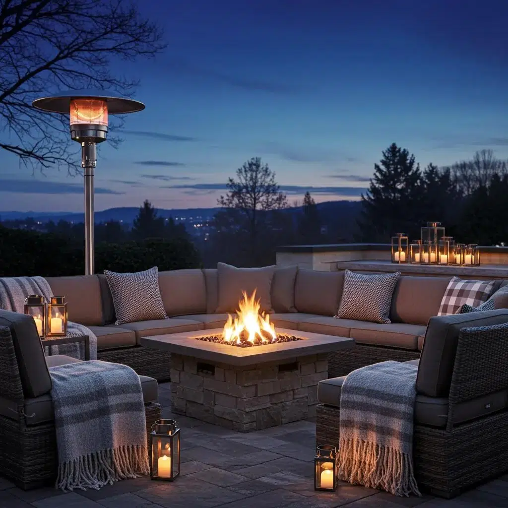 Outdoor fire pit setup with seating and heaters for winter comfort