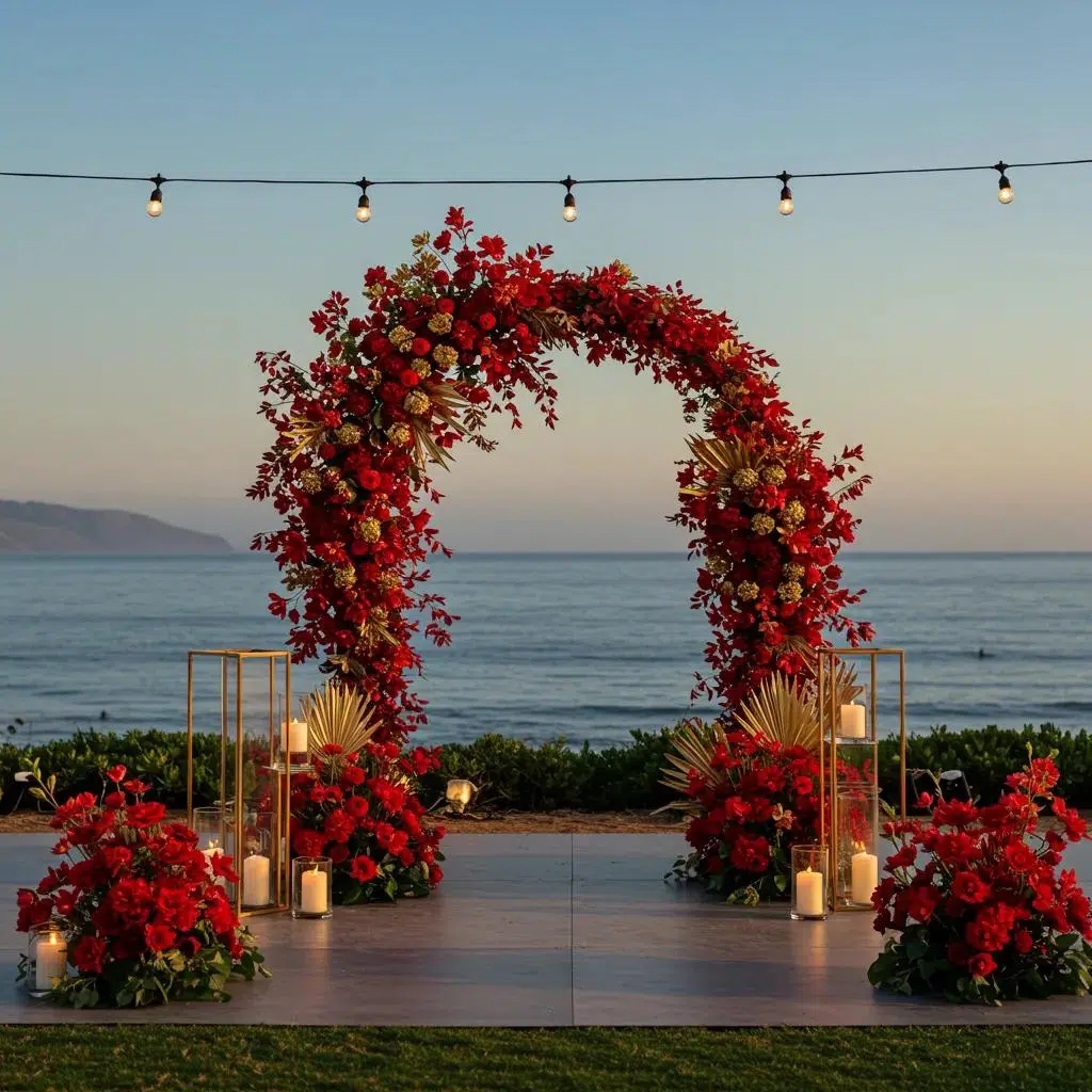 Outdoor Santa Barbara holiday setup with red and gold accents and local greenery