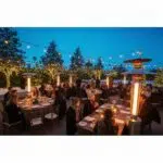 Outdoor winter event in Los Angeles with heaters, showcasing guest comfort and festive atmosphere