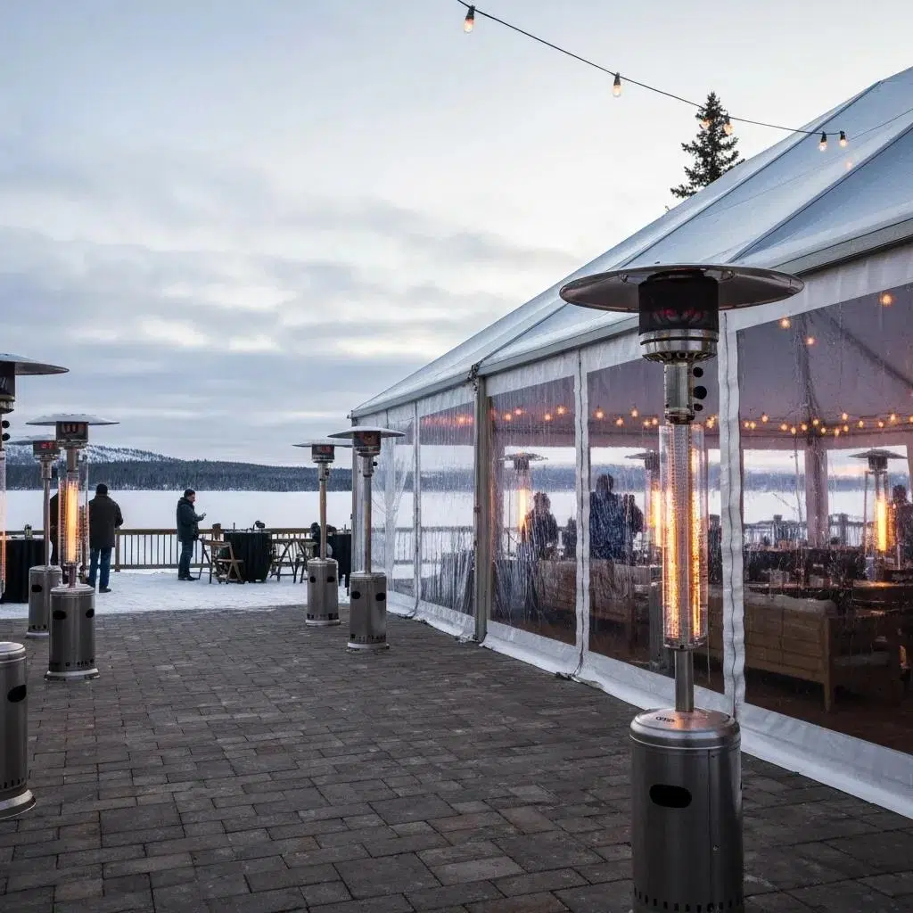 Outdoor winter event with patio heaters and a cozy tent