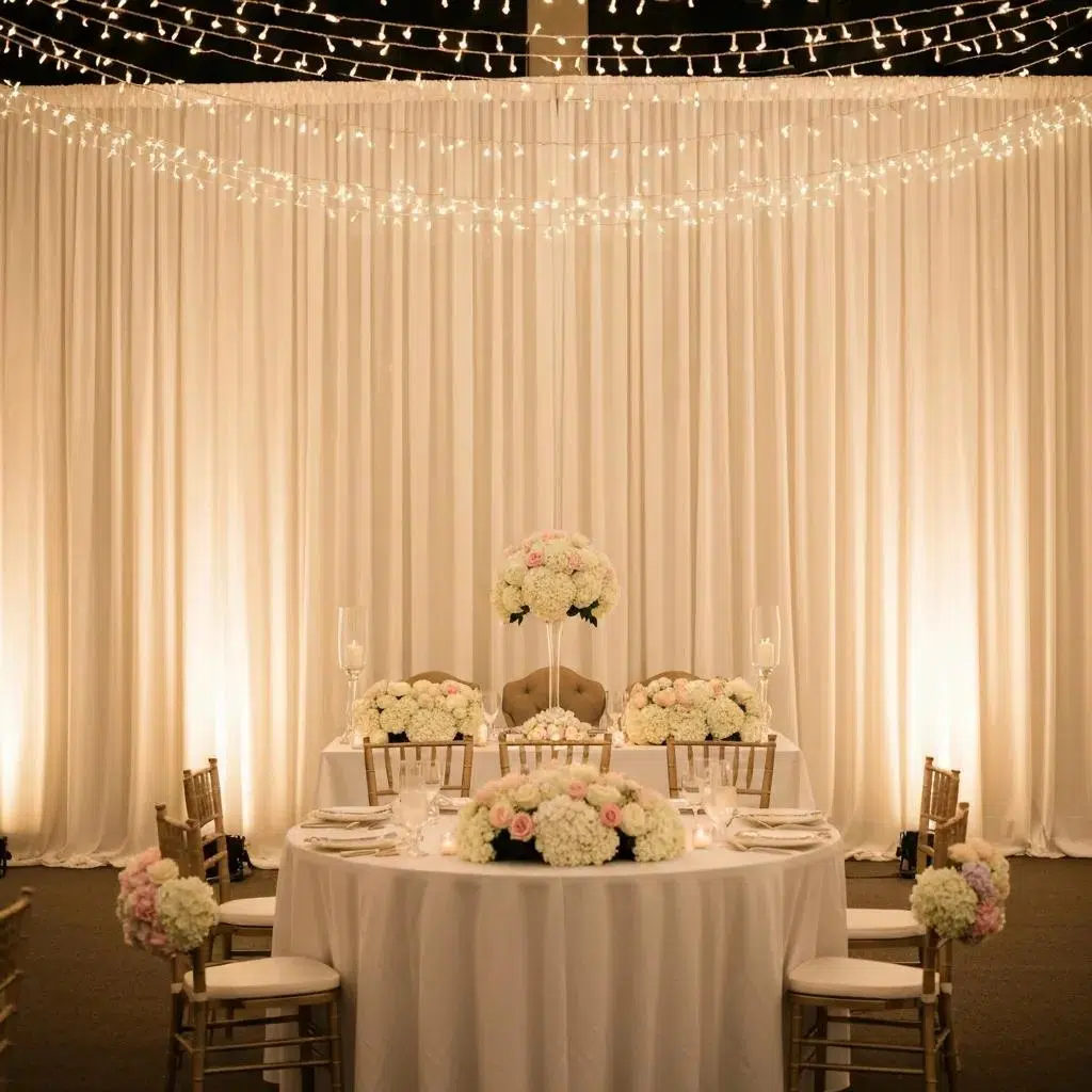 Romantic wedding setup featuring soft sheer drapery, warm LED uplighting, and elegant floral centerpieces, creating an inviting ambiance for receptions and ceremonies.