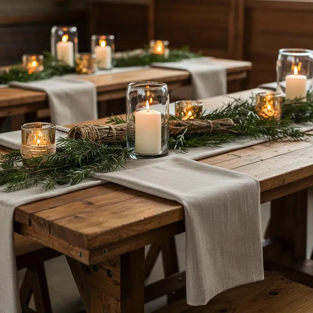 Rustic holiday table setting with wooden tables, natural linens, and warm lighting