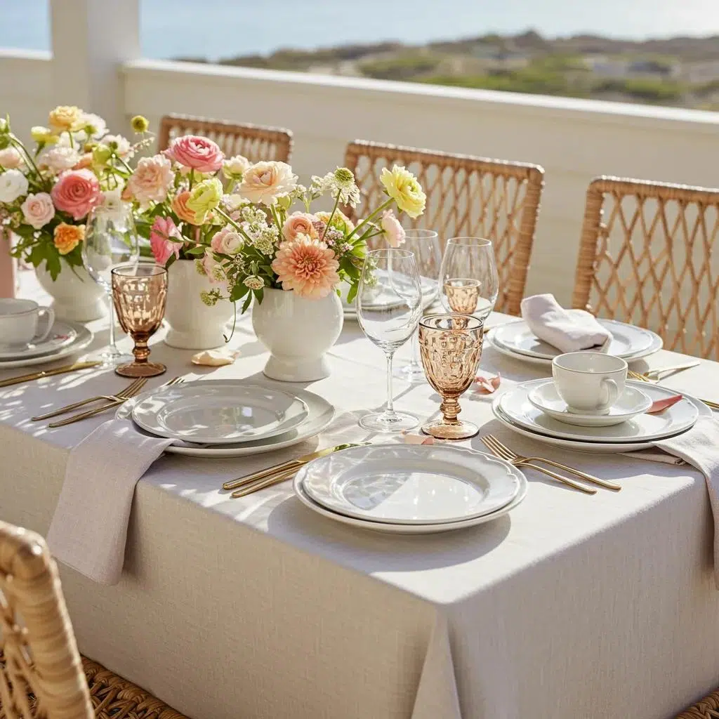 Seasonal tableware and linen rentals set in a coastal venue, highlighting pastel colors and elegant textures