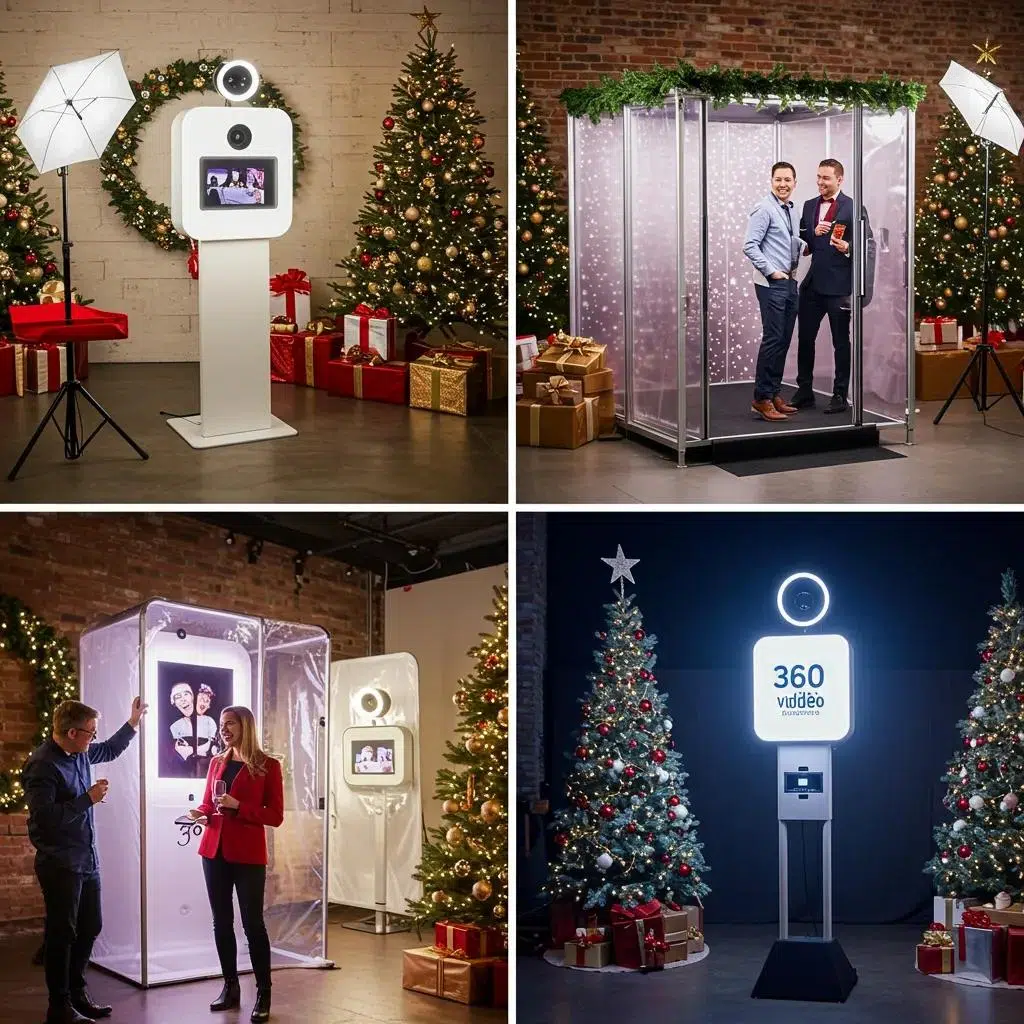 Variety of stylish photo booth types for holiday events, including open-air, glam, and 360 video booths