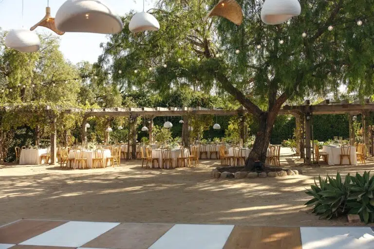 Rustic outdoor wedding reception setup with elegant tables and hanging lights under a large tree at a venue in Santa Barbara, California.