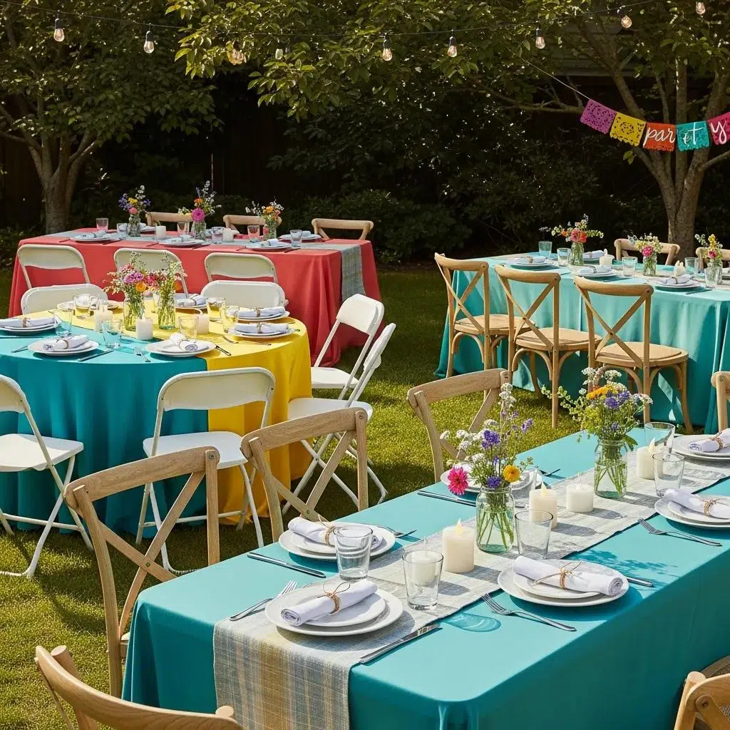 Colorful outdoor event setup featuring folding chairs and cross-back chairs, with tables dressed in vibrant linens and floral centerpieces, ideal for casual gatherings in Ventura County.