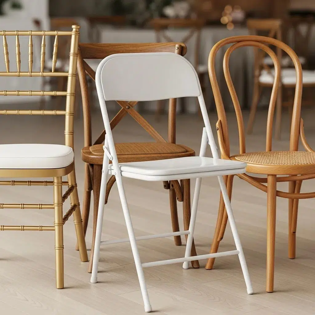 Close-up of popular chair styles for events, featuring Chiavari, cross-back, folding, and bentwood chairs, showcasing diverse materials and designs suitable for Ventura County event planning.