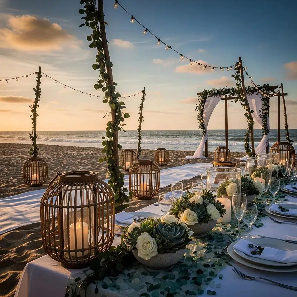 Coastal wedding decor and lighting with lanterns and string lights