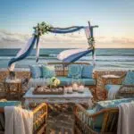 Coastal wedding lounge furniture with rattan seating and ocean backdrop