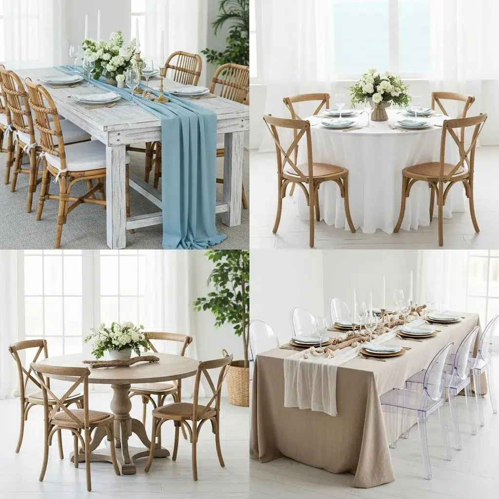 Display of various table styles for coastal events, featuring a rustic farm table with blue linen runner and crossback chairs, a round white table with floral centerpiece and elegant place settings, a circular wooden table with a simple floral arrangement, and a modern long table with transparent chairs and natural decor accents.
