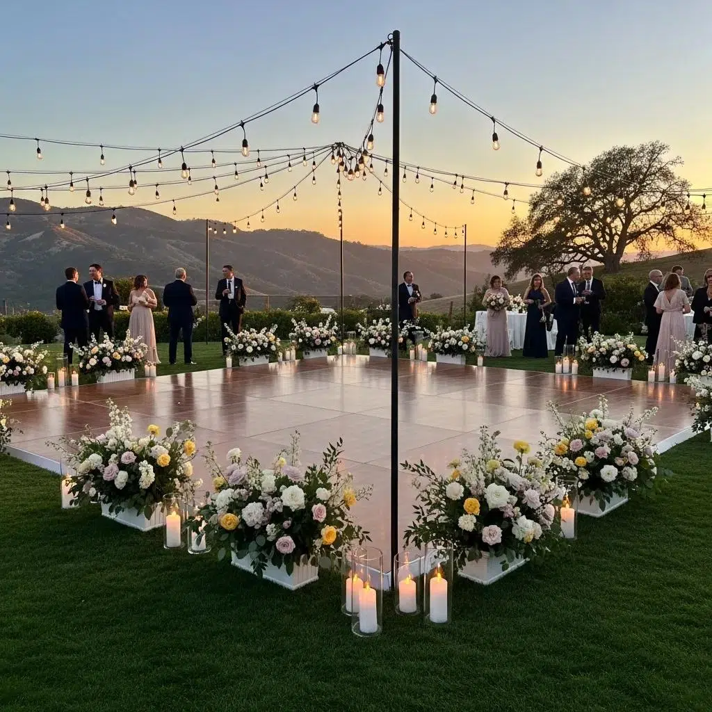 Outdoor wedding dance floor set up on a tented site in Ventura County