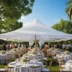 Elegant outdoor wedding tent setup in California with round tables and floral decor