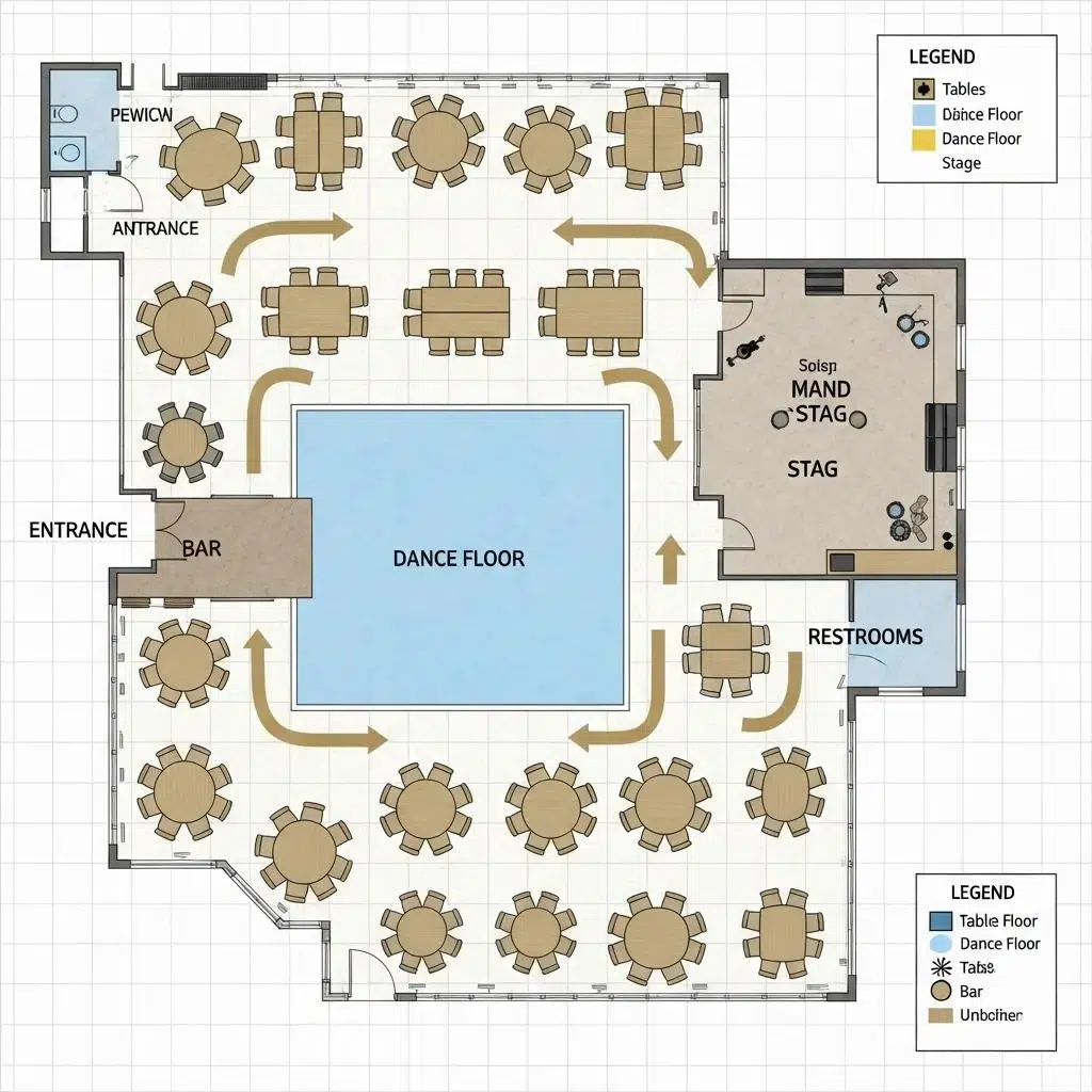 Event layout plan featuring dance floor placement, tables, and bar, optimizing guest flow and visibility for events.