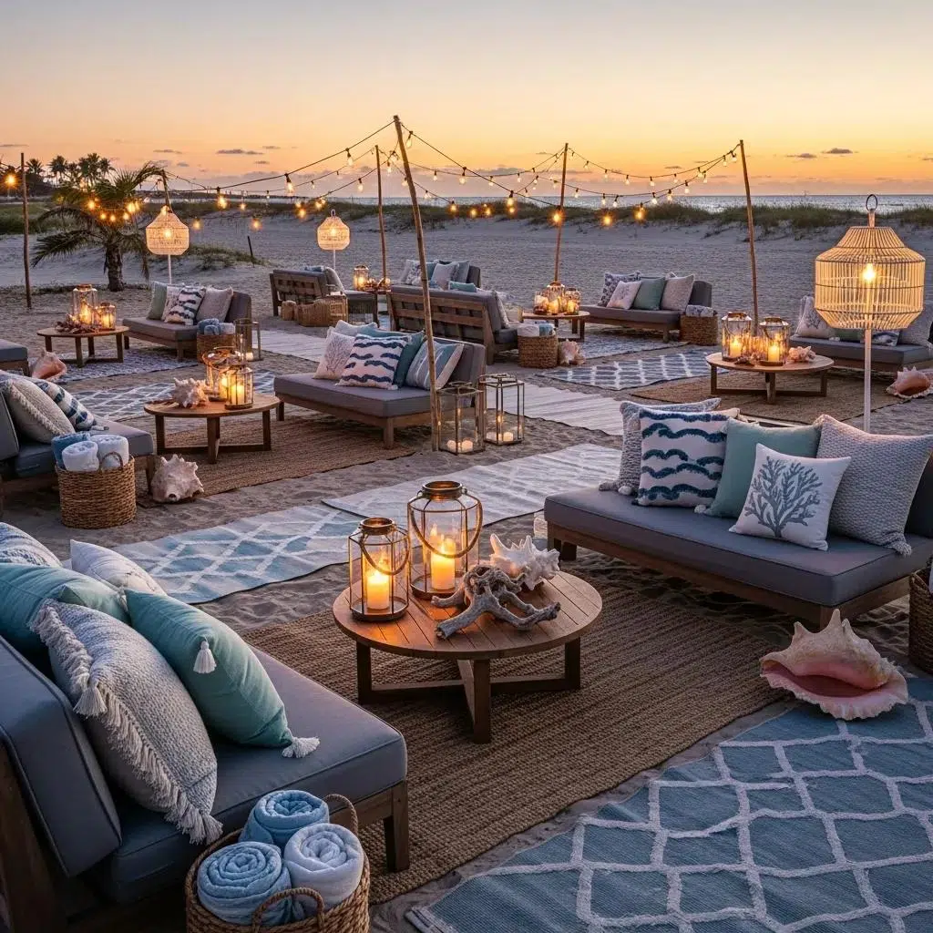 Inviting outdoor lounge area with modular seating, ambient lighting, decorative pillows, and lanterns, set against a coastal sunset backdrop, ideal for upscale California events.