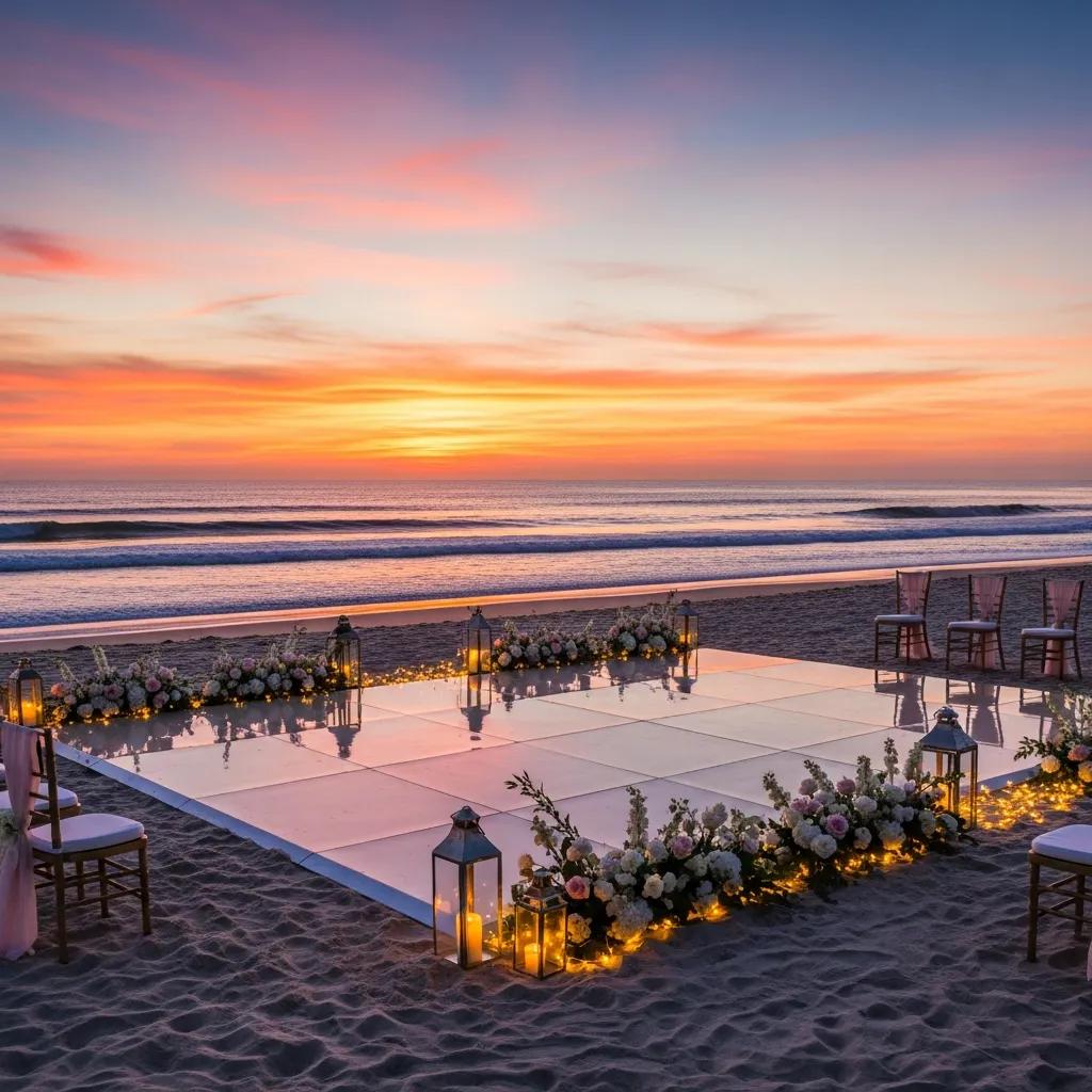 Elegant portable dance floor installed on sand for a beach wedding, showing both stability and style