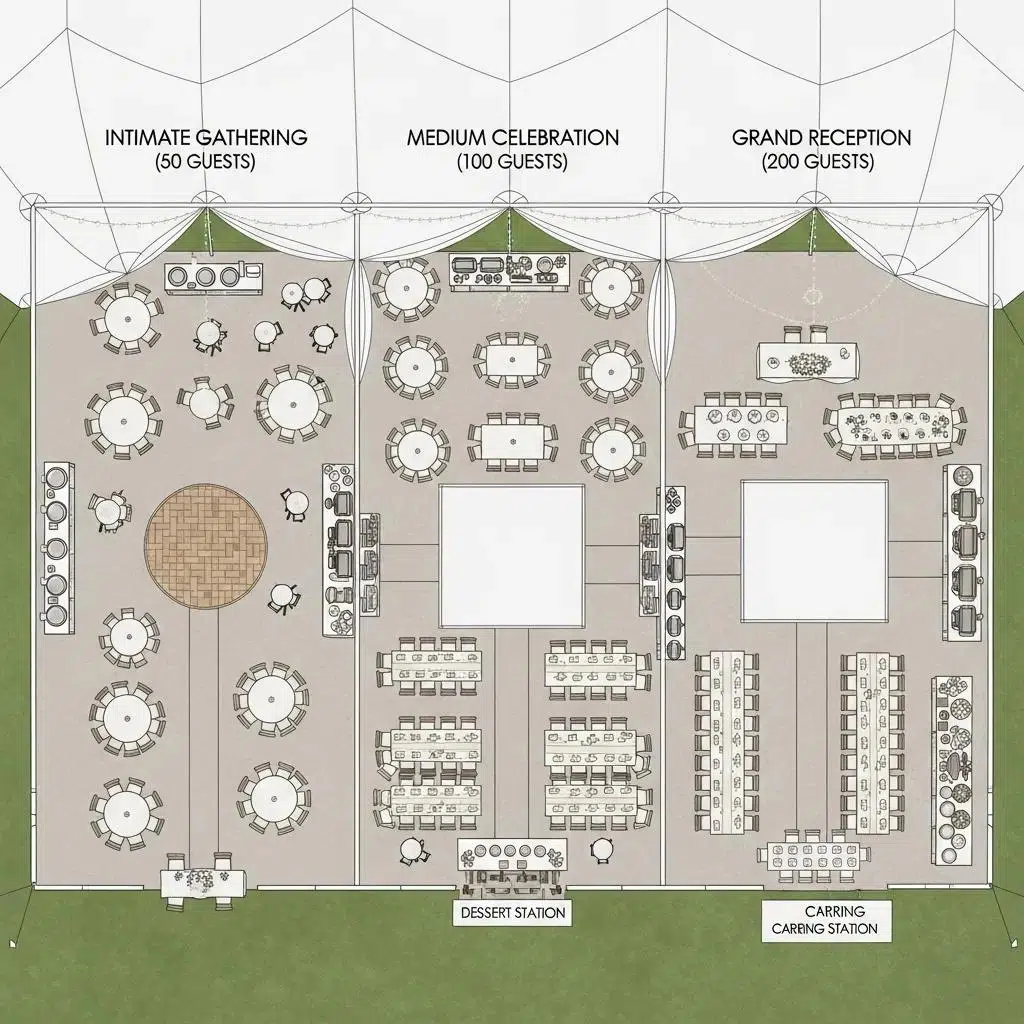 Sample tent layout for various guest sizes — tables, dance floor, and service areas