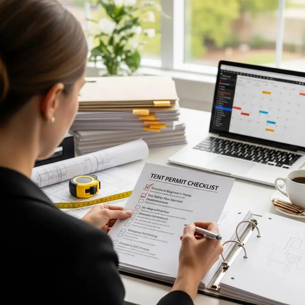 Planner reviewing a tent permit checklist and documents