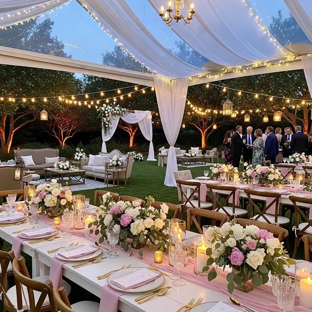Backyard wedding setup with elegant tent, decorated tables featuring floral arrangements, ambient lighting, and guests mingling in a beautifully landscaped outdoor venue in Ventura County.