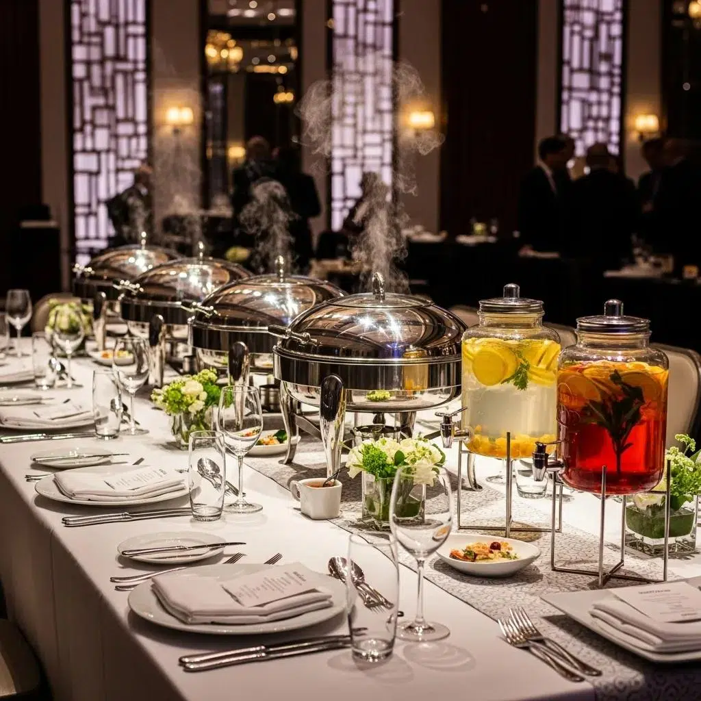 Catering setup with chafers, tableware and elegant service pieces