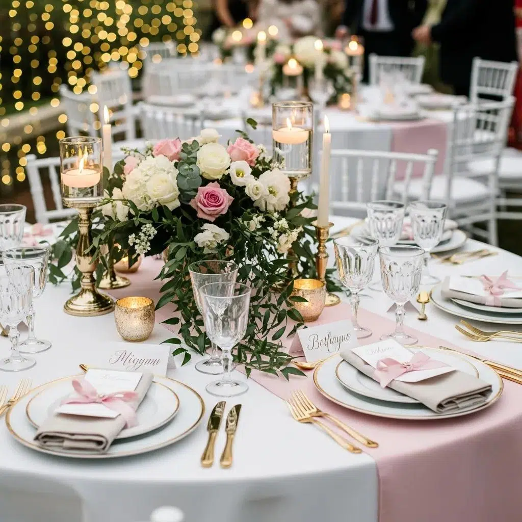 Elegant round table setup for a wedding banquet featuring floral centerpieces, fine dining decor, and personalized place settings, enhancing guest experience in a beautifully arranged venue.