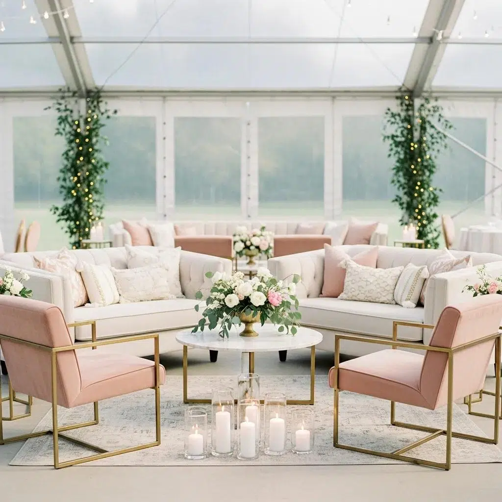 Elegant wedding lounge area with stylish sofas and ambient lighting