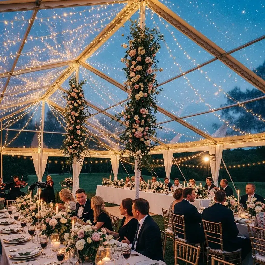 Evening wedding reception under a clear-top tent adorned with fairy lights and floral arrangements, featuring elegantly set tables and guests enjoying the ambiance.