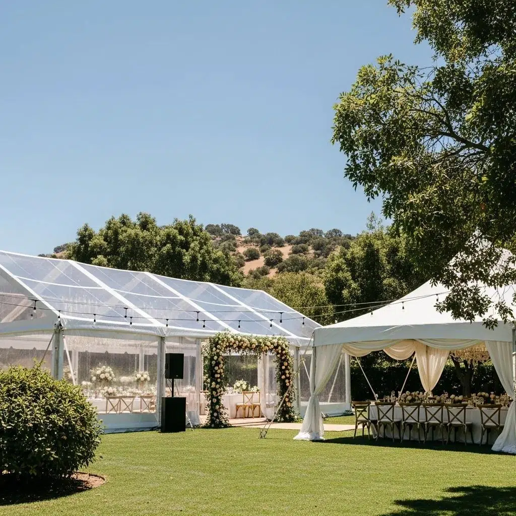 Outdoor wedding setup with clear-top and traditional tents in a California landscape