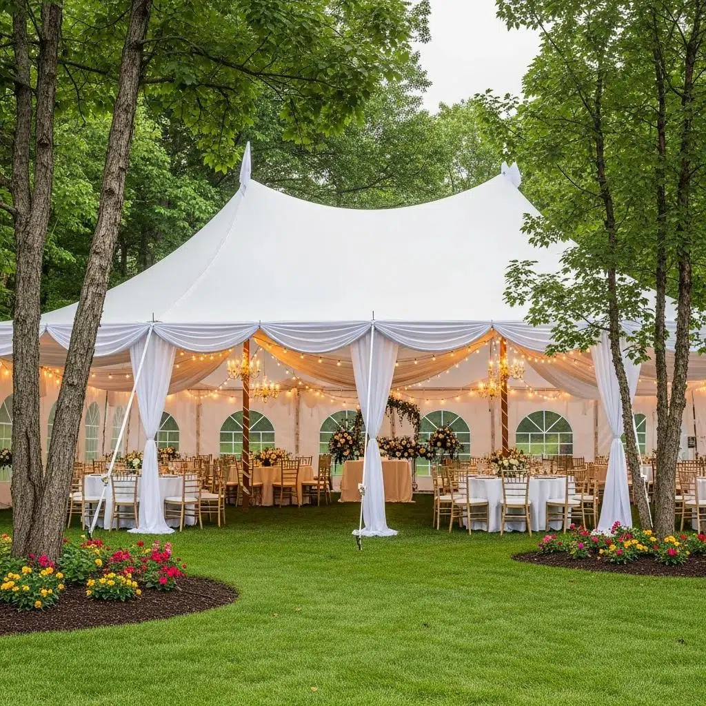 Traditional wedding tent with elegant draping, string lights, and floral arrangements, set in a lush outdoor garden for California events.