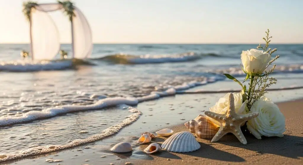 Couple planning a coastal wedding with essentials laid out