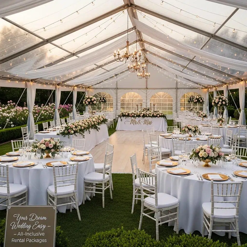 Wedding tent set up with tables, chairs, and decor
