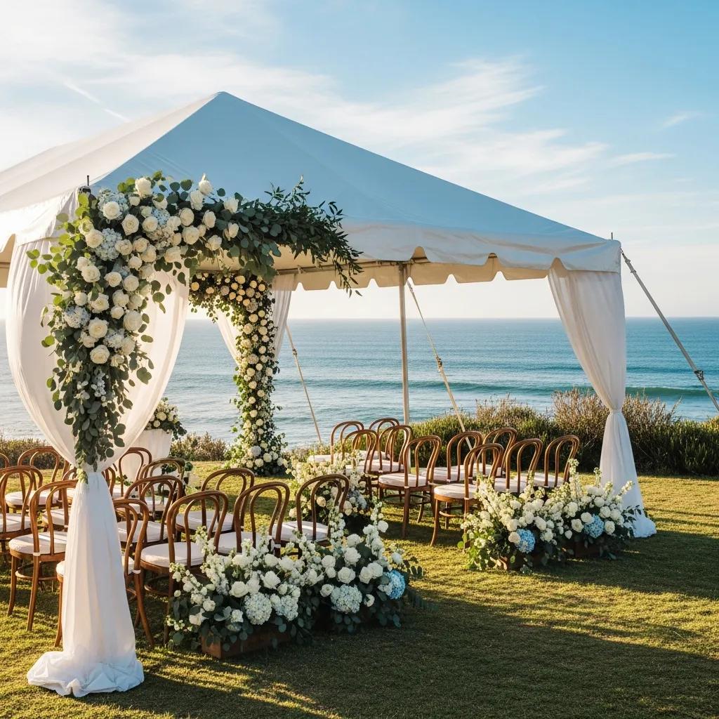 Coastal California wedding setup with elegant tent, ocean view, floral decorations, and wooden chairs.