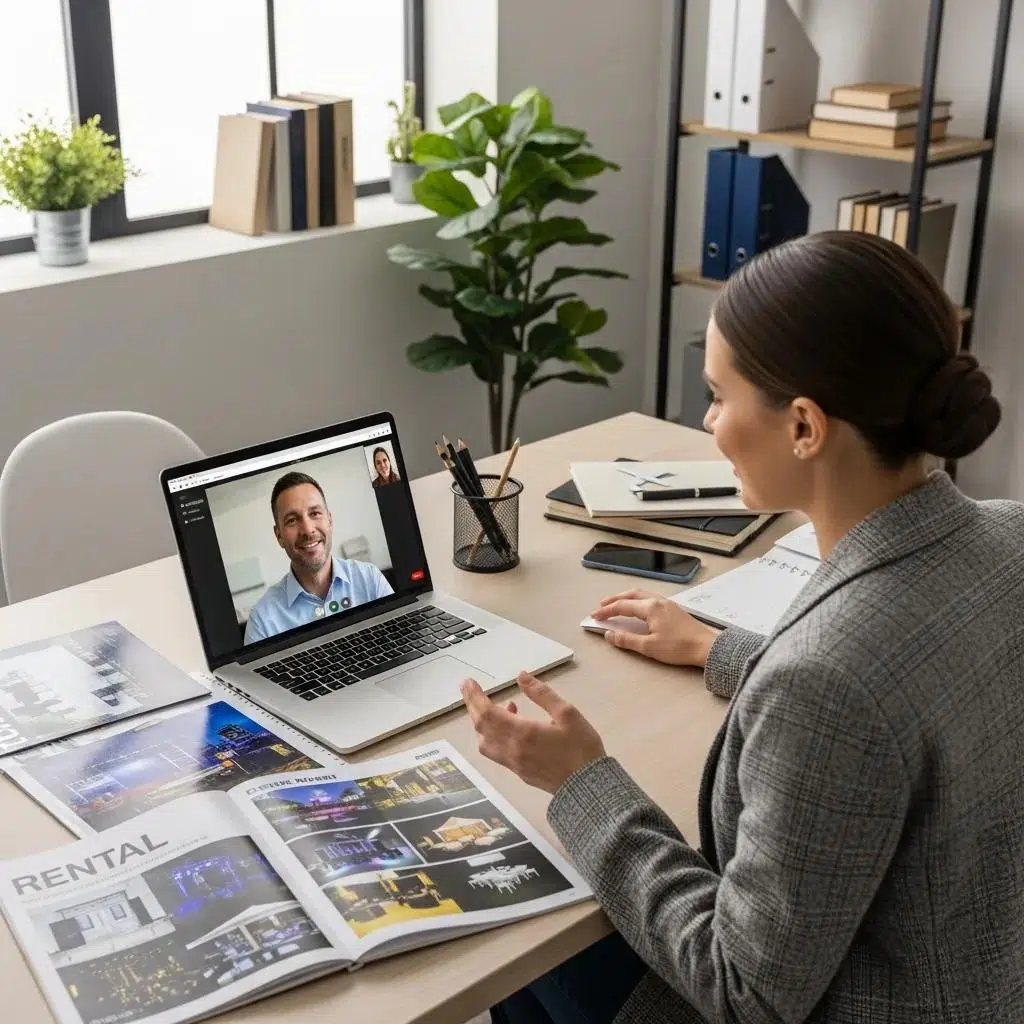 Event planner coordinating with a rental vendor over a video call