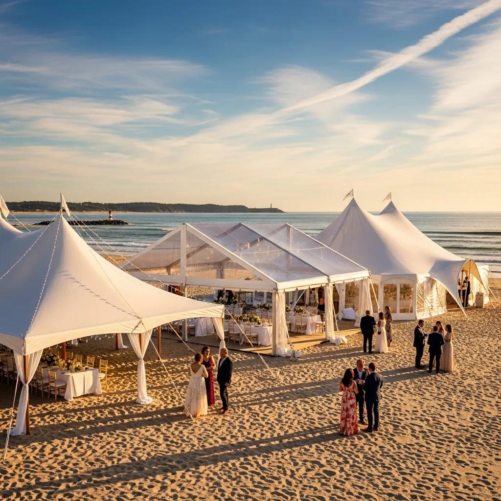 Coastal wedding tents on sandy beach, featuring elegant white pole and clear-top designs, with guests mingling and dining under the structures against a scenic ocean backdrop.