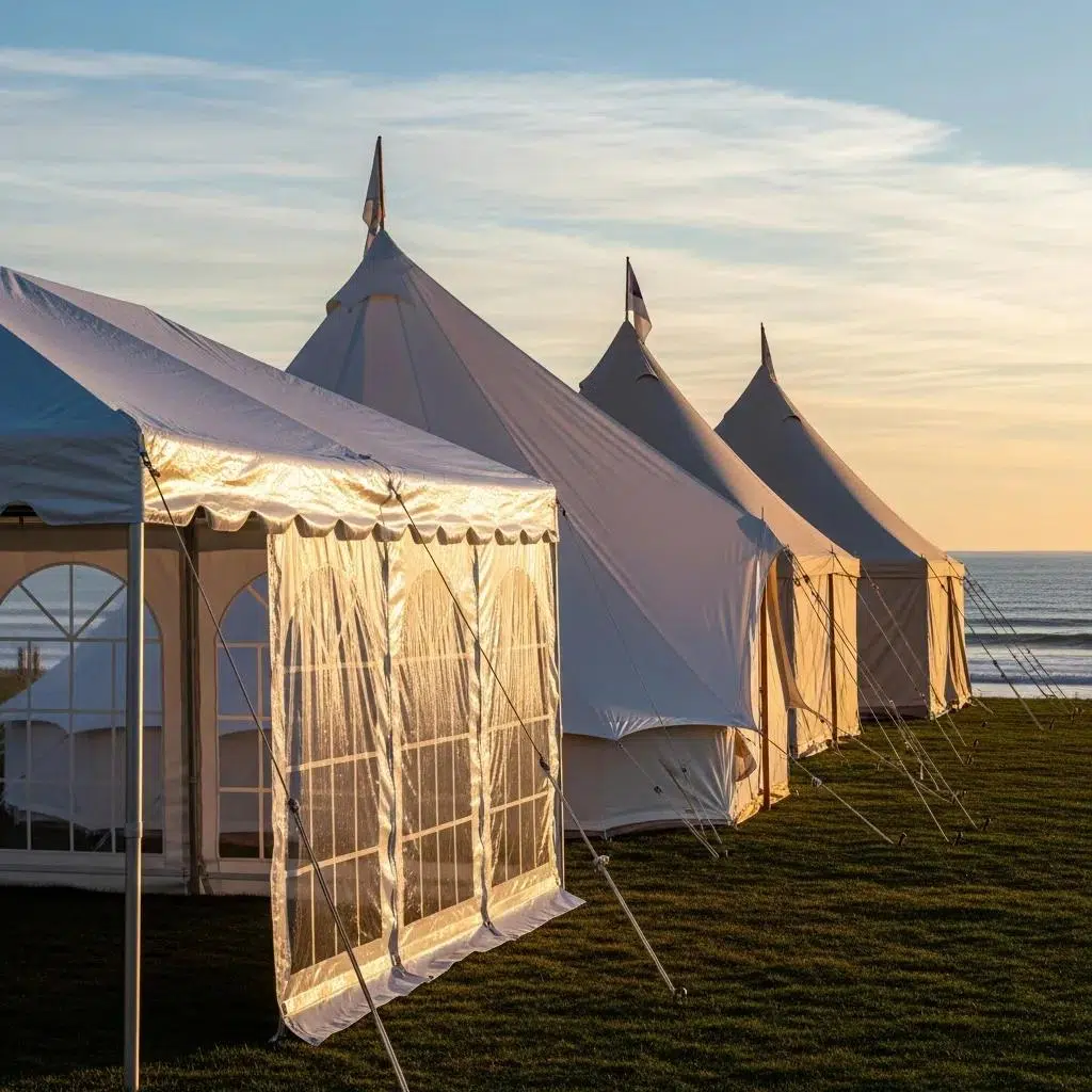 Selection of tents suitable for coastal outdoor events: frame, sailcloth, and pole options