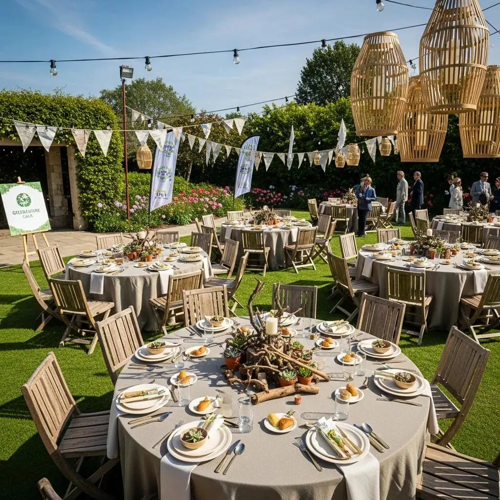 Sustainable event setup: compostable tableware, reusable decor, and natural materials