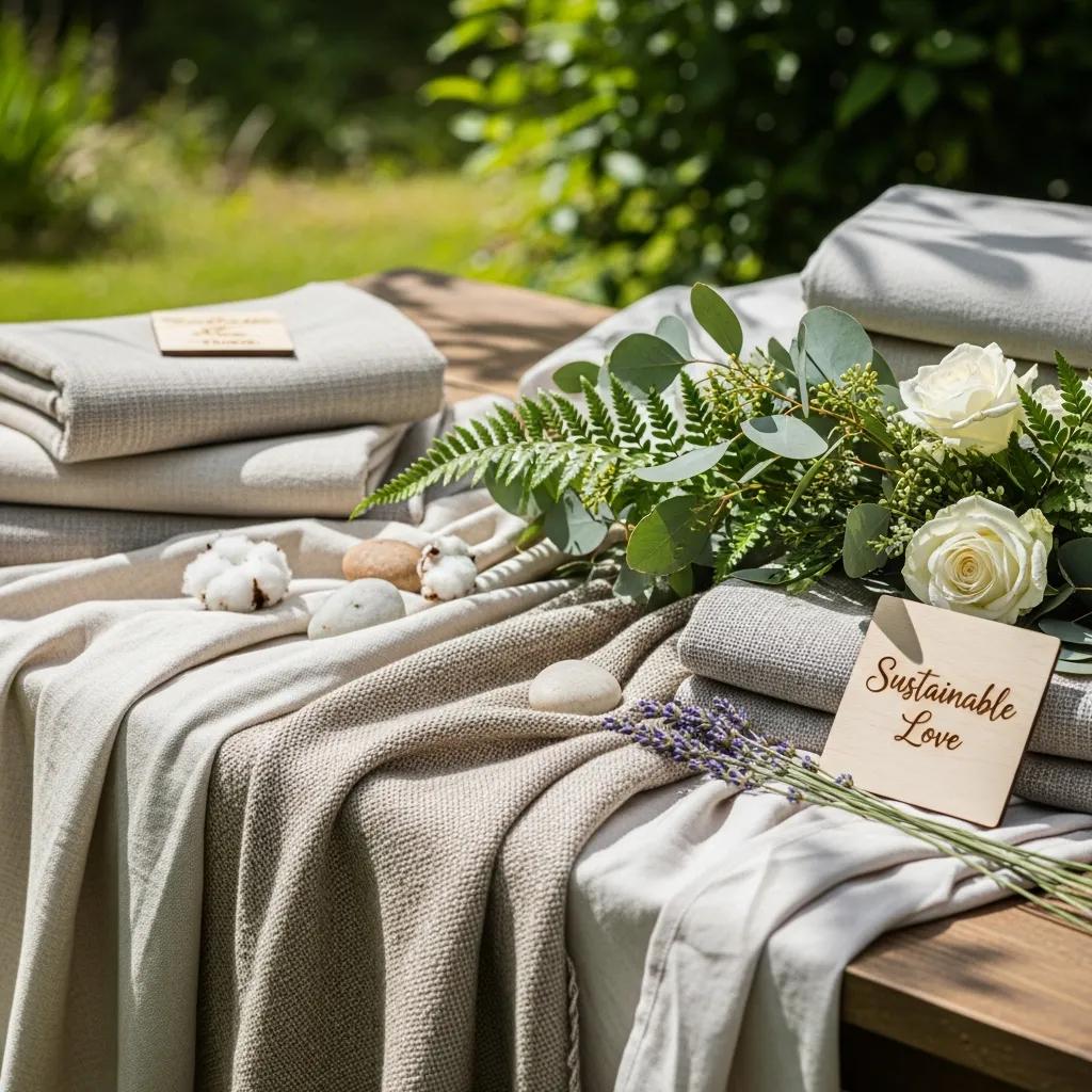 Eco-friendly wedding linens made from organic cotton, hemp, and recycled fibers in a natural setting
