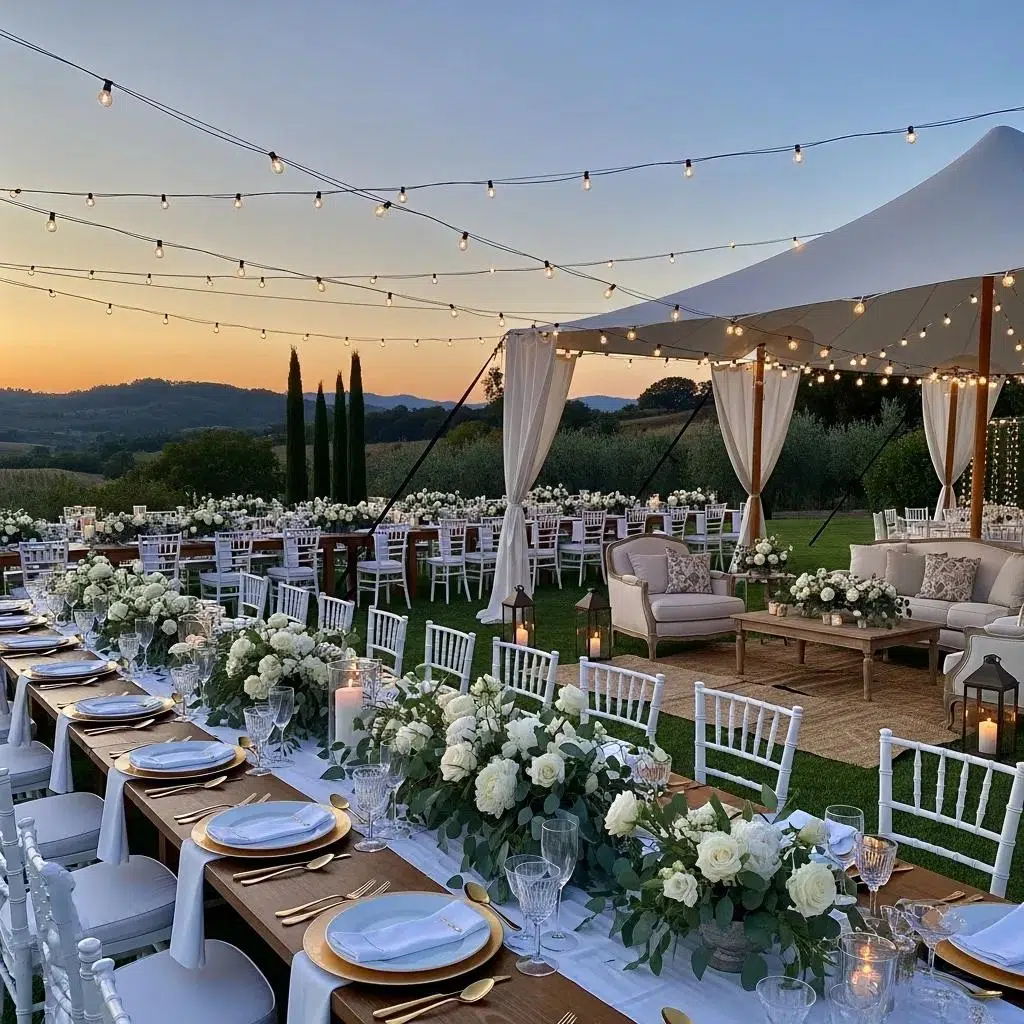 Elegant outdoor wedding setup with tables, chairs, and lounge furniture