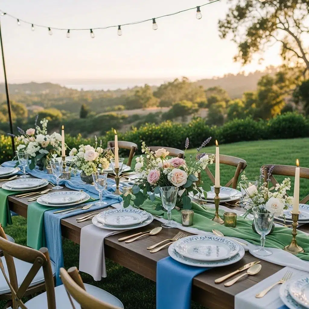 Elegant outdoor wedding table setup with colorful linens and accessories in Santa Barbara