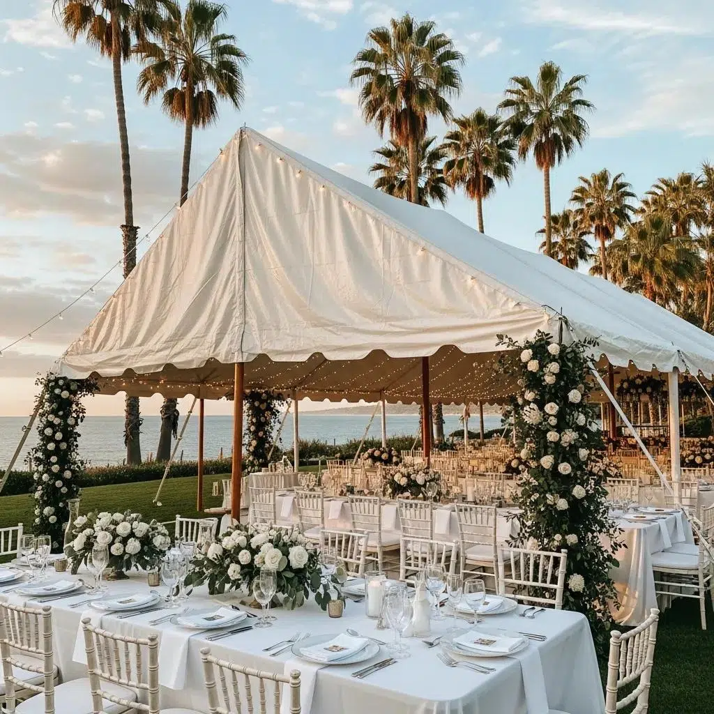 Elegant outdoor wedding tent setup in Santa Barbara with floral decorations and ocean view