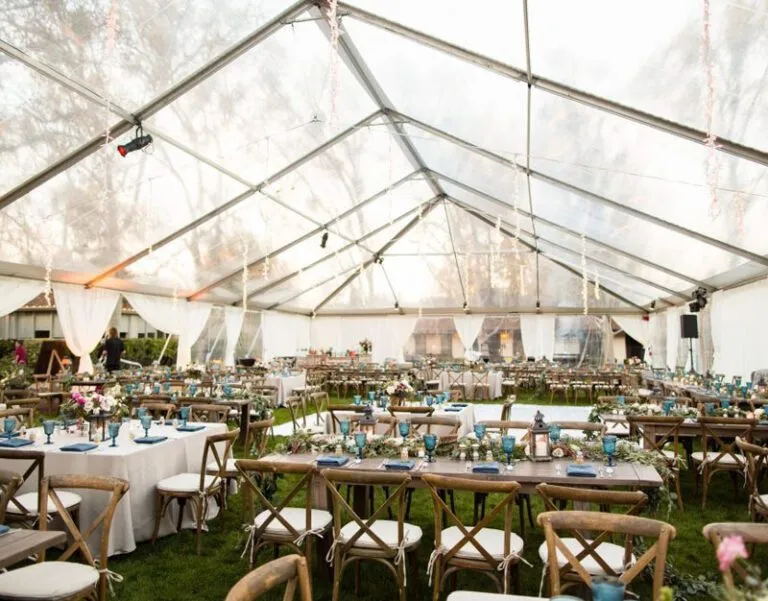 clear span tent setup for a wedding