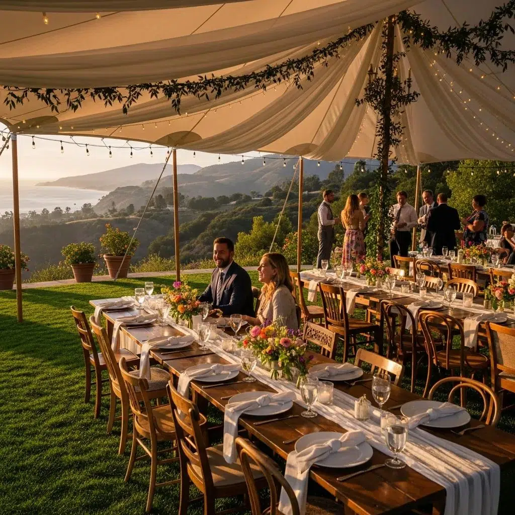 Outdoor event setup with tents and tables in Ventura, highlighting rental costs