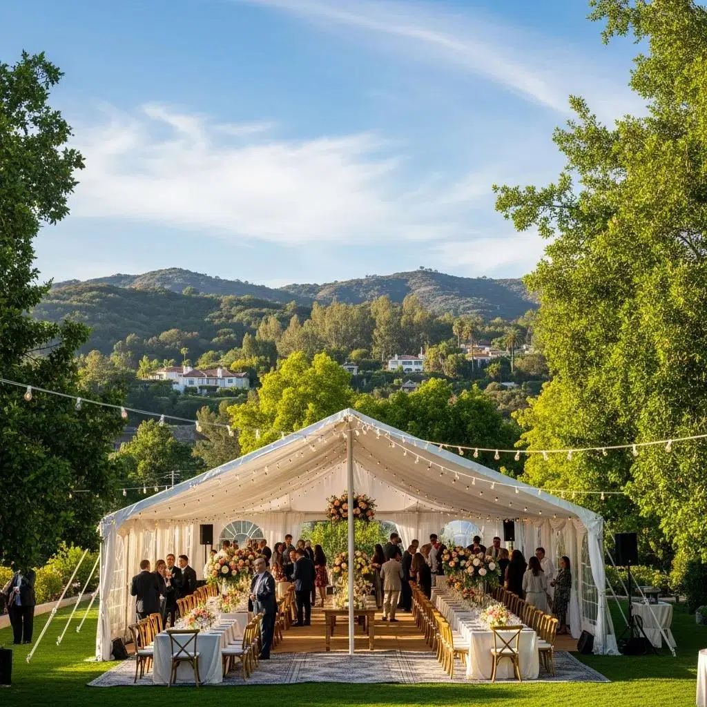 Outdoor event tent setup in Thousand Oaks with guests enjoying a festive atmosphere