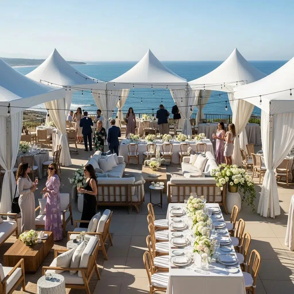 Outdoor gala setup in Coastal California with tents and elegant furniture