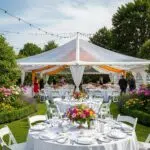 Outdoor party tent setup in a garden for a festive event