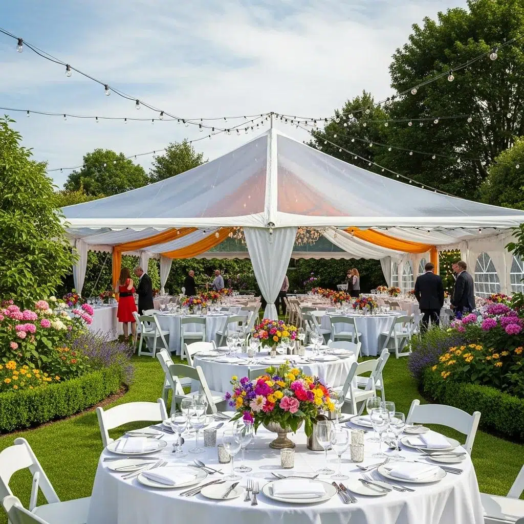 Outdoor party tent setup in a garden for a festive event