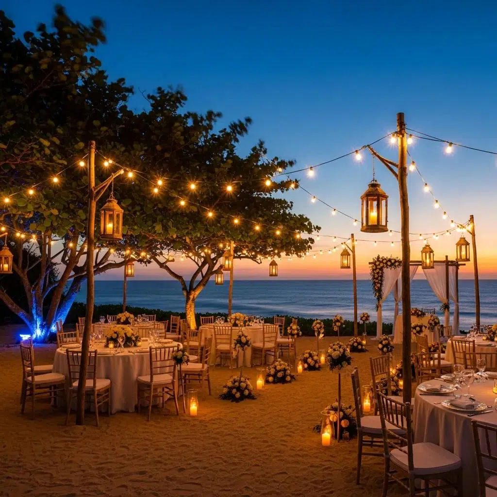 String lights and lanterns set up for an outdoor wedding