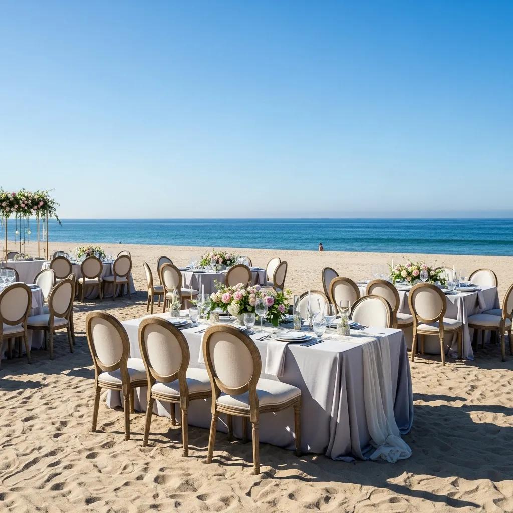 Outdoor wedding setup with tables and chairs on a coastal California beach, showcasing elegant decor and a beautiful ocean backdrop