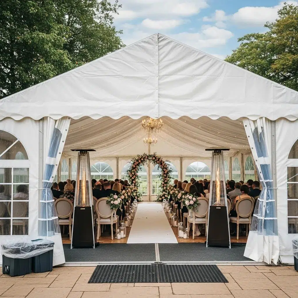 Outdoor wedding layout showing weather-resistant gear and contingency setup