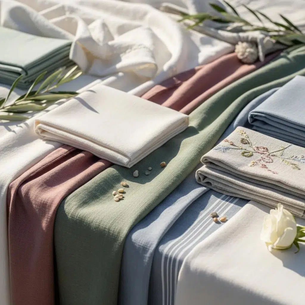 Samples of outdoor-friendly wedding linens: polyester, cotton blends, and natural linen