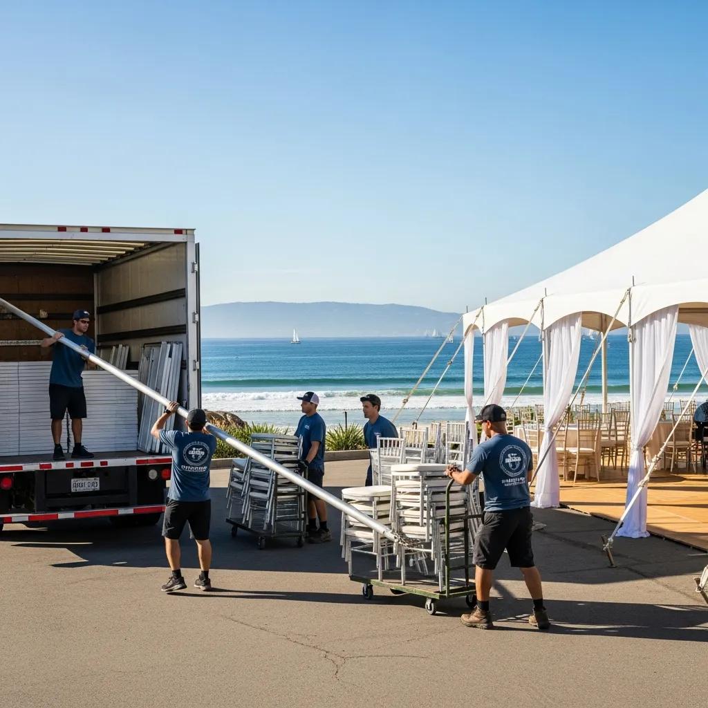 Delivery team setting up wedding rentals at a coastal venue